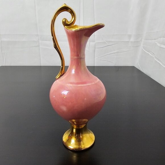 Unmarked Other - Vintage Ceramic Pitcher Vase 8.5" Pink Warranted 22 KT Gold Trim Mid Century USA